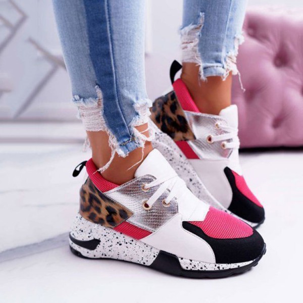 Size:4.5-11Women Casual Plus Size Leopard Printed Patchwork Lace Up Sneakers