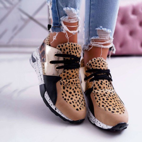 Size:4.5-11Women Casual Plus Size Leopard Printed Patchwork Lace Up Sneakers