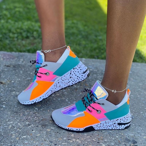 Size:4.5-11Women Casual Plus Size Leopard Printed Patchwork Lace Up Sneakers
