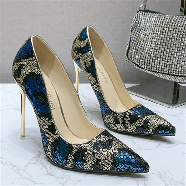 Size:4.5-13 Women Color Blocking Sequins Pointed-toe Heels