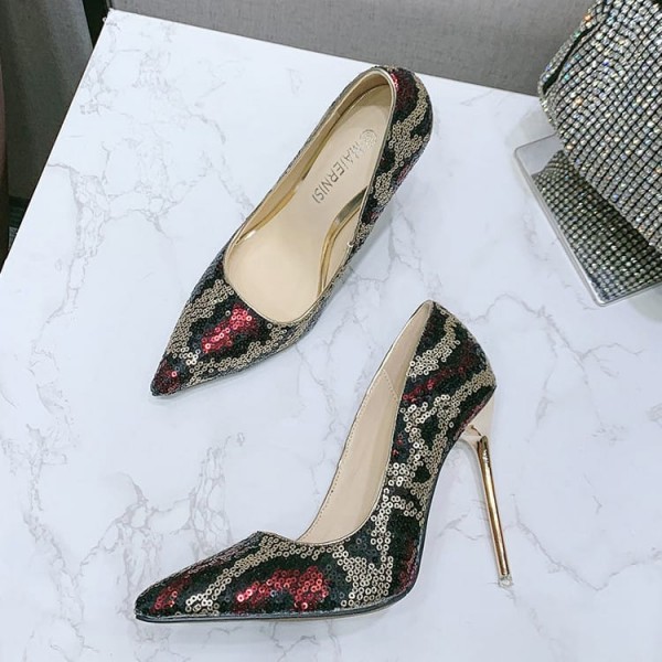 Size:4.5-13 Women Color Blocking Sequins Pointed-toe Heels