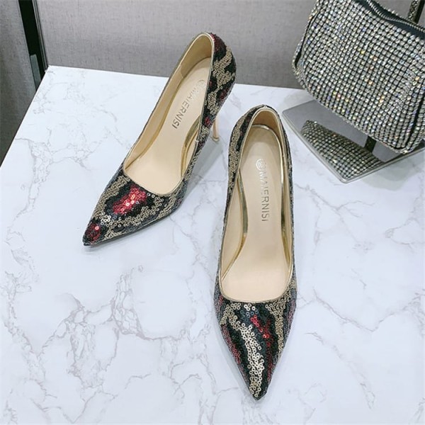 Size:4.5-13 Women Color Blocking Sequins Pointed-toe Heels