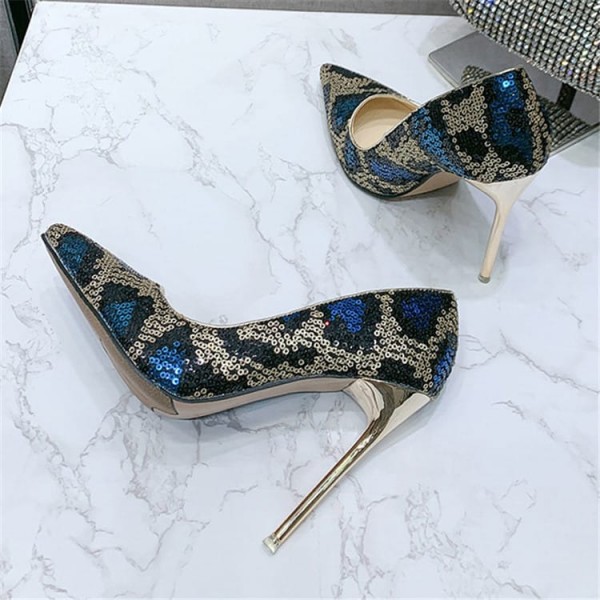 Size:4.5-13 Women Color Blocking Sequins Pointed-toe Heels