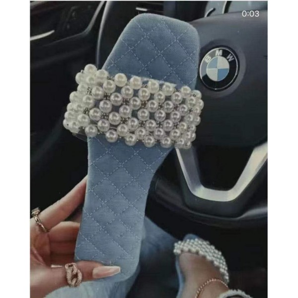 Women Chic Square Toe Rhinestone Pearl Design Putwear Flat Slippers