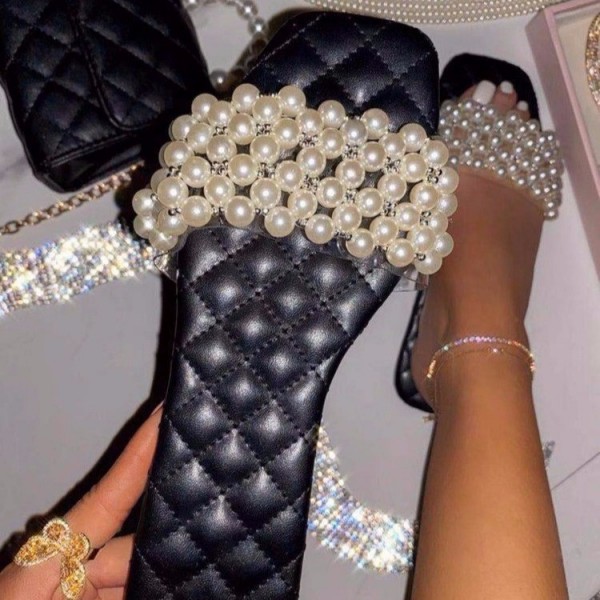 Women Chic Square Toe Rhinestone Pearl Design Putwear Flat Slippers