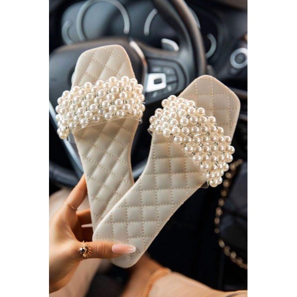 Women Chic Square Toe Rhinestone Pearl Design Putwear Flat Slippers