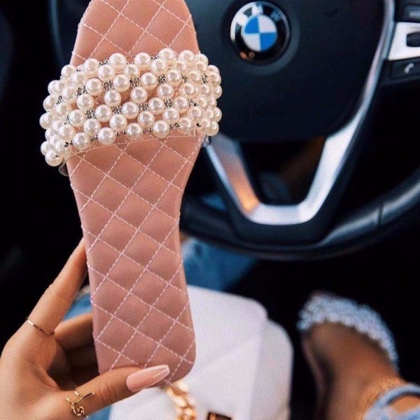 Women Chic Square Toe Rhinestone Pearl Design Putwear Flat Slippers