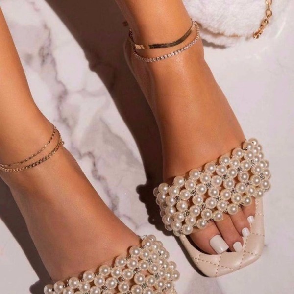 Women Chic Square Toe Rhinestone Pearl Design Putwear Flat Slippers