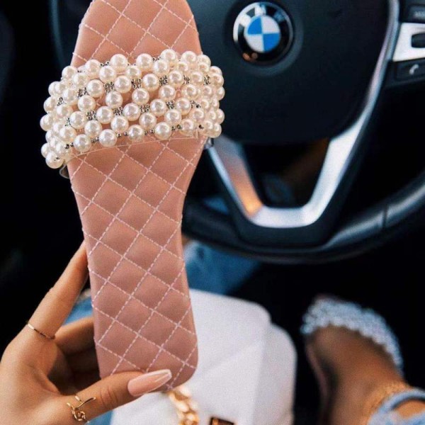 Women Chic Square Toe Rhinestone Pearl Design Putwear Flat Slippers