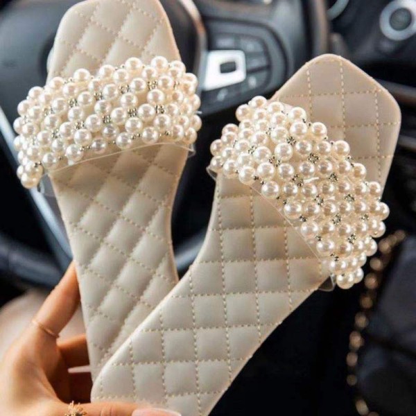 Women Chic Square Toe Rhinestone Pearl Design Putwear Flat Slippers