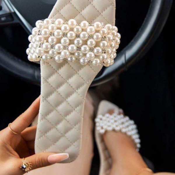 Women Chic Square Toe Rhinestone Pearl Design Putwear Flat Slippers
