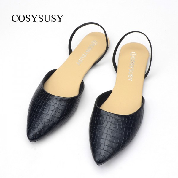Women Elegant Pointed Toe Snakeskin Grain Solid Color Sling Back Ankle Strap Flat Sandals