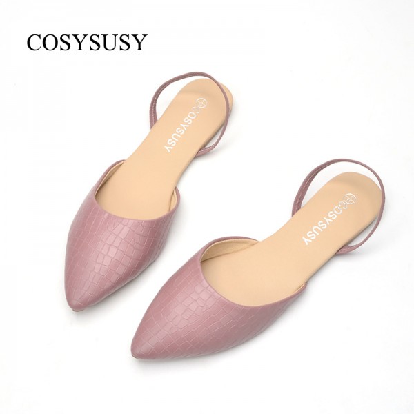 Women Elegant Pointed Toe Snakeskin Grain Solid Color Sling Back Ankle Strap Flat Sandals