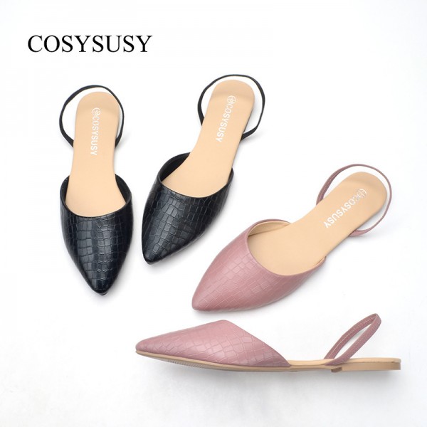 Women Elegant Pointed Toe Snakeskin Grain Solid Color Sling Back Ankle Strap Flat Sandals