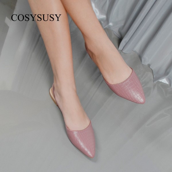 Women Elegant Pointed Toe Snakeskin Grain Solid Color Sling Back Ankle Strap Flat Sandals