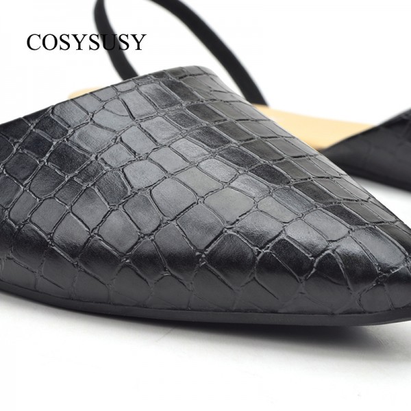 Women Elegant Pointed Toe Snakeskin Grain Solid Color Sling Back Ankle Strap Flat Sandals
