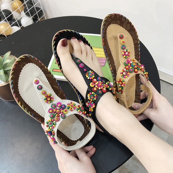 Women Spring Bohemia Flip Flops Beaded Beach Flat Sandals