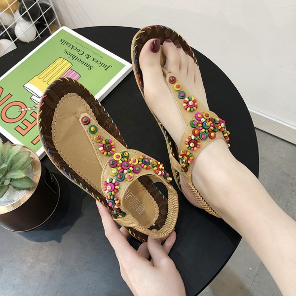 Women Spring Bohemia Flip Flops Beaded Beach Flat Sandals