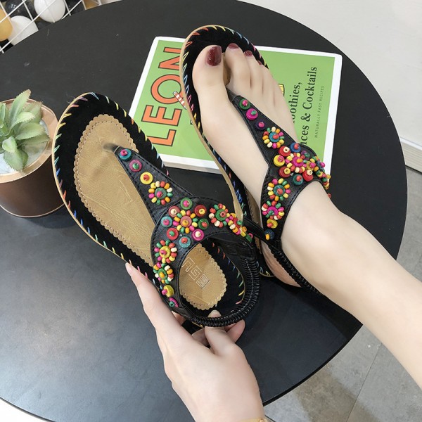 Women Spring Bohemia Flip Flops Beaded Beach Flat Sandals