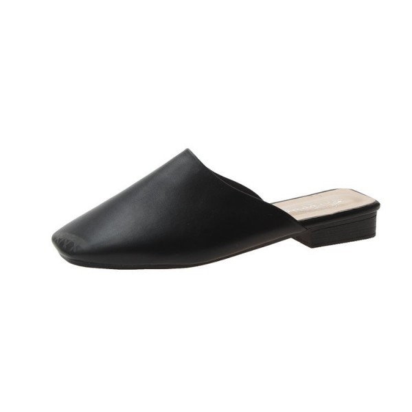 Women Fashion Summer Square Toe Solid Color Cover Toe PU Mules Slippers