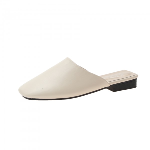 Women Fashion Summer Square Toe Solid Color Cover Toe PU Mules Slippers