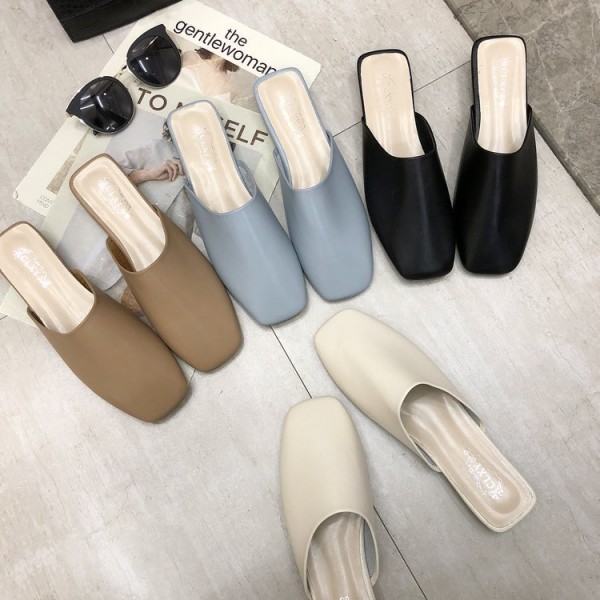 Women Fashion Summer Square Toe Solid Color Cover Toe PU Mules Slippers