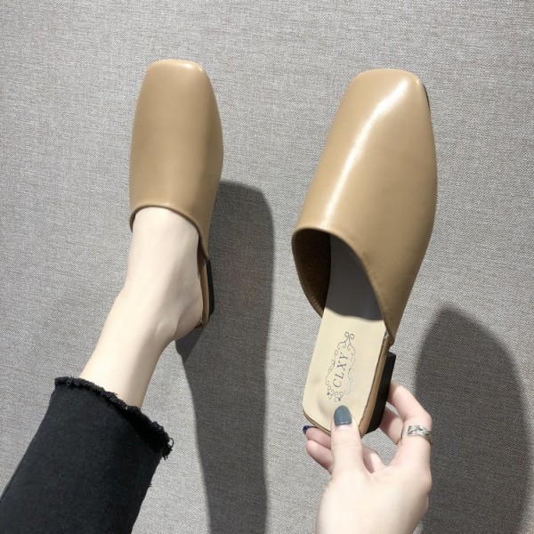 Women Fashion Summer Square Toe Solid Color Cover Toe PU Mules Slippers
