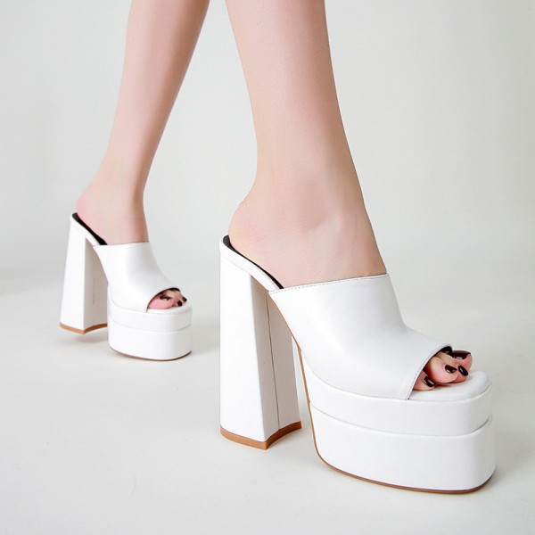 Chunky Heels Women Spring Platform Peep Toe Chunky Heel Slippers Mules
