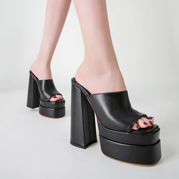 Chunky Heels Women Spring Platform Peep Toe Chunky Heel Slippers Mules