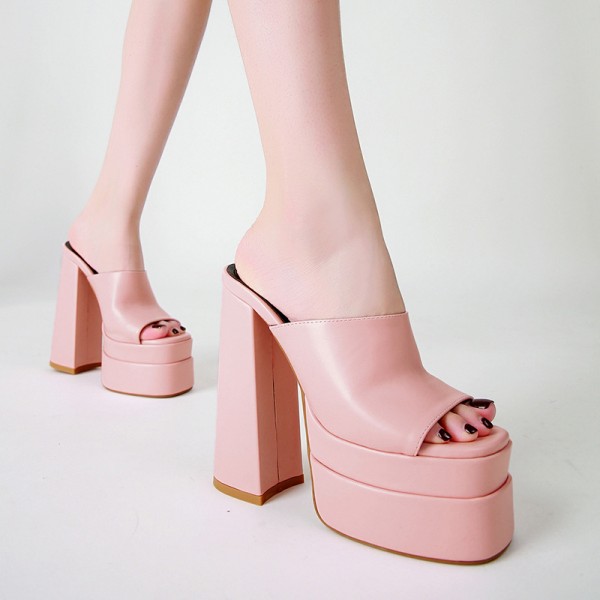 Chunky Heels Women Spring Platform Peep Toe Chunky Heel Slippers Mules