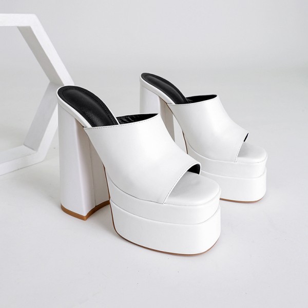 Chunky Heels Women Spring Platform Peep Toe Chunky Heel Slippers Mules
