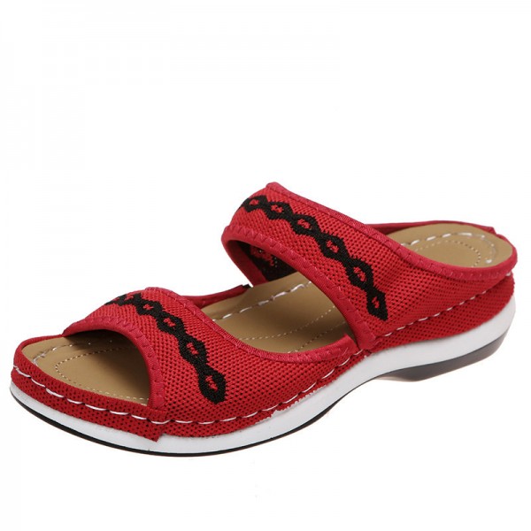 Fashion Outer Wear Wedge Heel Flying Knit Vintage Ethnic Style Women Casual Round Toe Slippers
