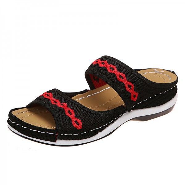 Fashion Outer Wear Wedge Heel Flying Knit Vintage Ethnic Style Women Casual Round Toe Slippers