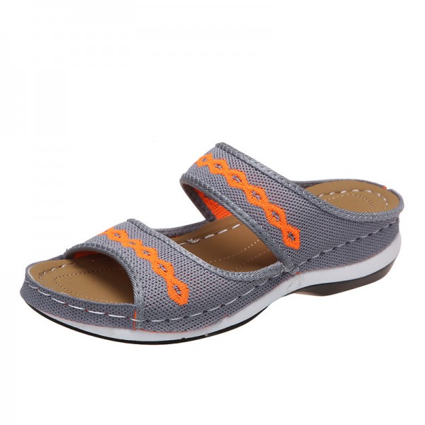 Fashion Outer Wear Wedge Heel Flying Knit Vintage Ethnic Style Women Casual Round Toe Slippers