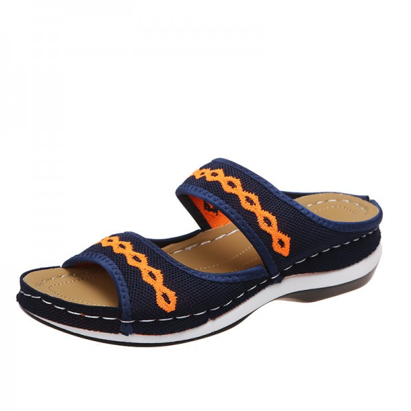 Fashion Outer Wear Wedge Heel Flying Knit Vintage Ethnic Style Women Casual Round Toe Slippers