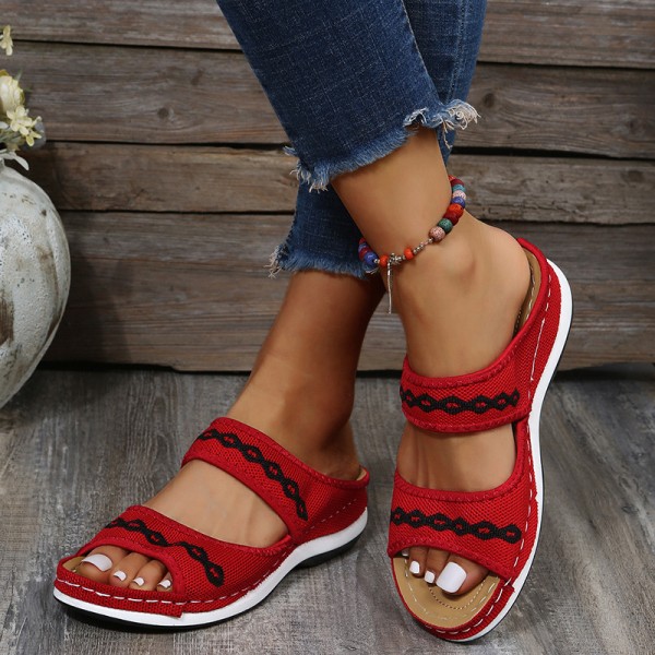 Fashion Outer Wear Wedge Heel Flying Knit Vintage Ethnic Style Women Casual Round Toe Slippers