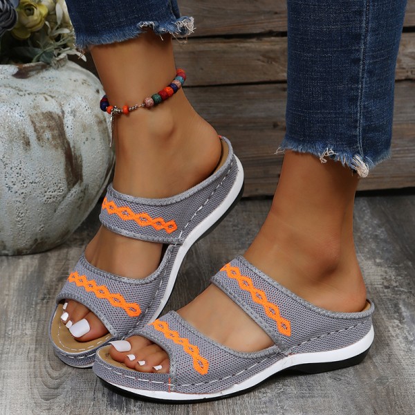 Fashion Outer Wear Wedge Heel Flying Knit Vintage Ethnic Style Women Casual Round Toe Slippers