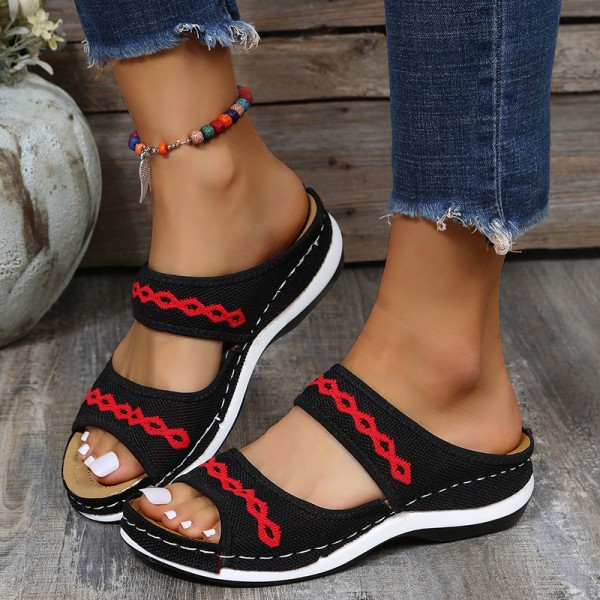 Fashion Outer Wear Wedge Heel Flying Knit Vintage Ethnic Style Women Casual Round Toe Slippers