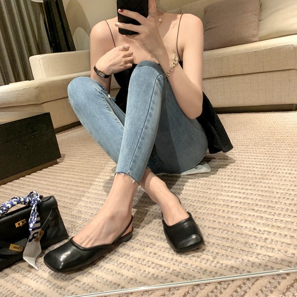 Women Summer Chic Style Square Toe Ankle Strap Sling BackLow Heel Mules Sandals