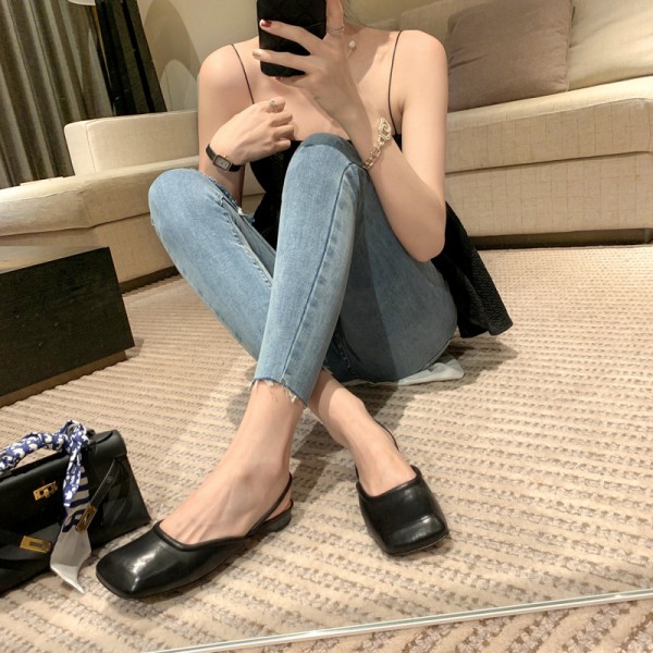 Women Summer Chic Style Square Toe Ankle Strap Sling BackLow Heel Mules Sandals
