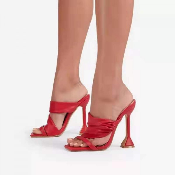 Large Size Women Sexy Summer Creased Pu Upper Square Toe Outer Wear Slippers