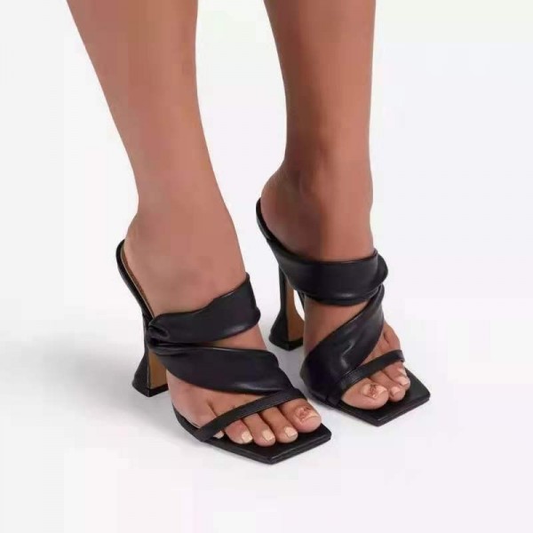 Large Size Women Sexy Summer Creased Pu Upper Square Toe Outer Wear Slippers