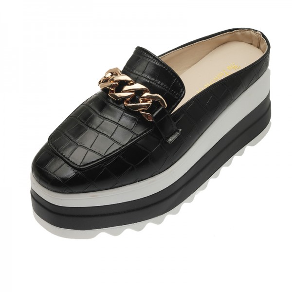 Women Fashion Casual Chain Design Crocodile Pattern Wedge Platform Slippers