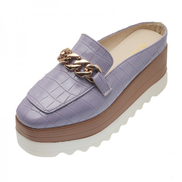 Women Fashion Casual Chain Design Crocodile Pattern Wedge Platform Slippers