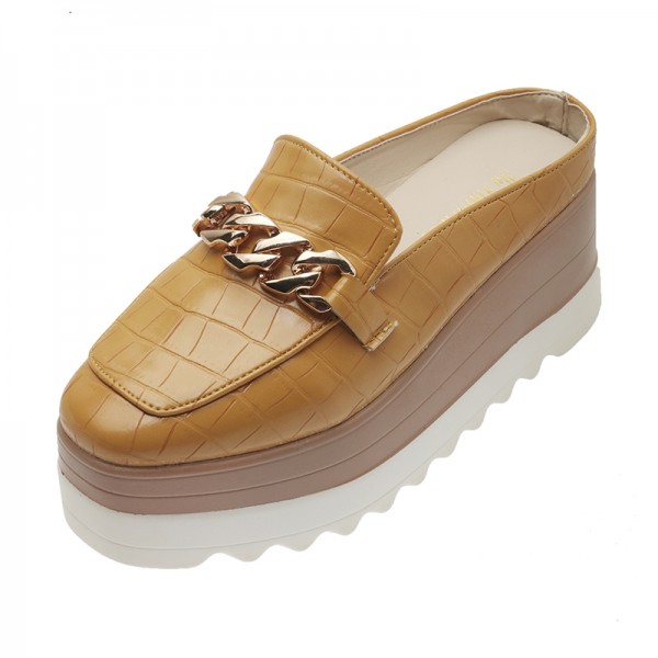 Women Fashion Casual Chain Design Crocodile Pattern Wedge Platform Slippers