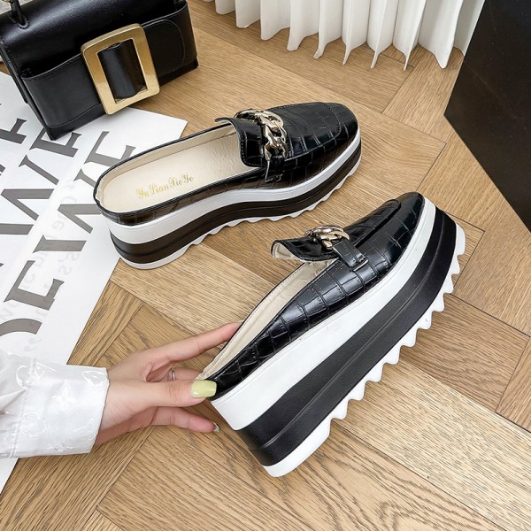 Women Fashion Casual Chain Design Crocodile Pattern Wedge Platform Slippers