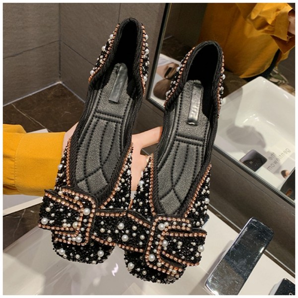 Women Fashion Elegant Pearl Rhinestone Decorative Square Toe Flat Loafers