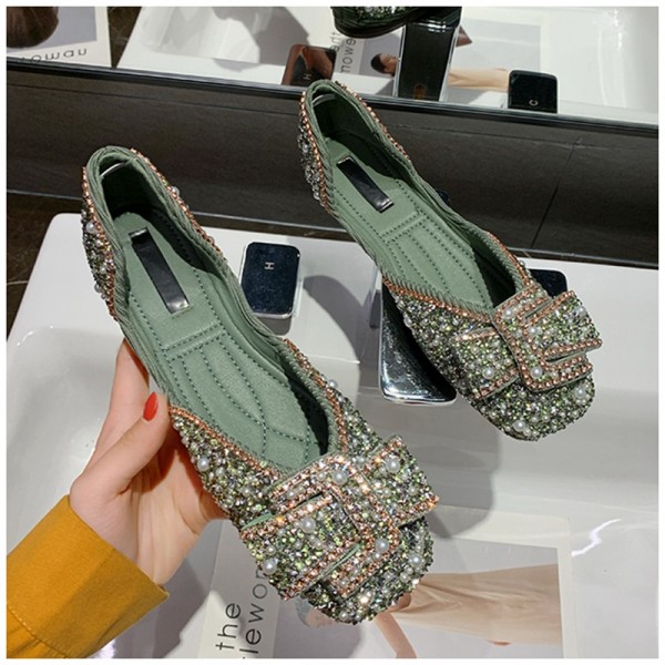 Women Fashion Elegant Pearl Rhinestone Decorative Square Toe Flat Loafers