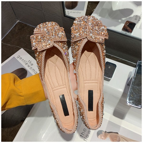Women Fashion Elegant Pearl Rhinestone Decorative Square Toe Flat Loafers