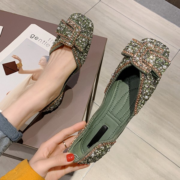 Women Fashion Elegant Pearl Rhinestone Decorative Square Toe Flat Loafers